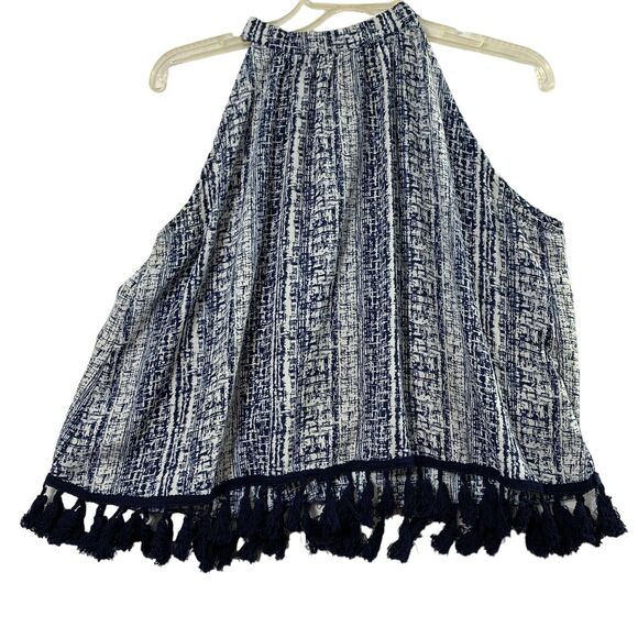 Paper Crane Top Womens Medium  Navy Blue White Print Sleeveless Fringe Blouse - Picture 2 of 8